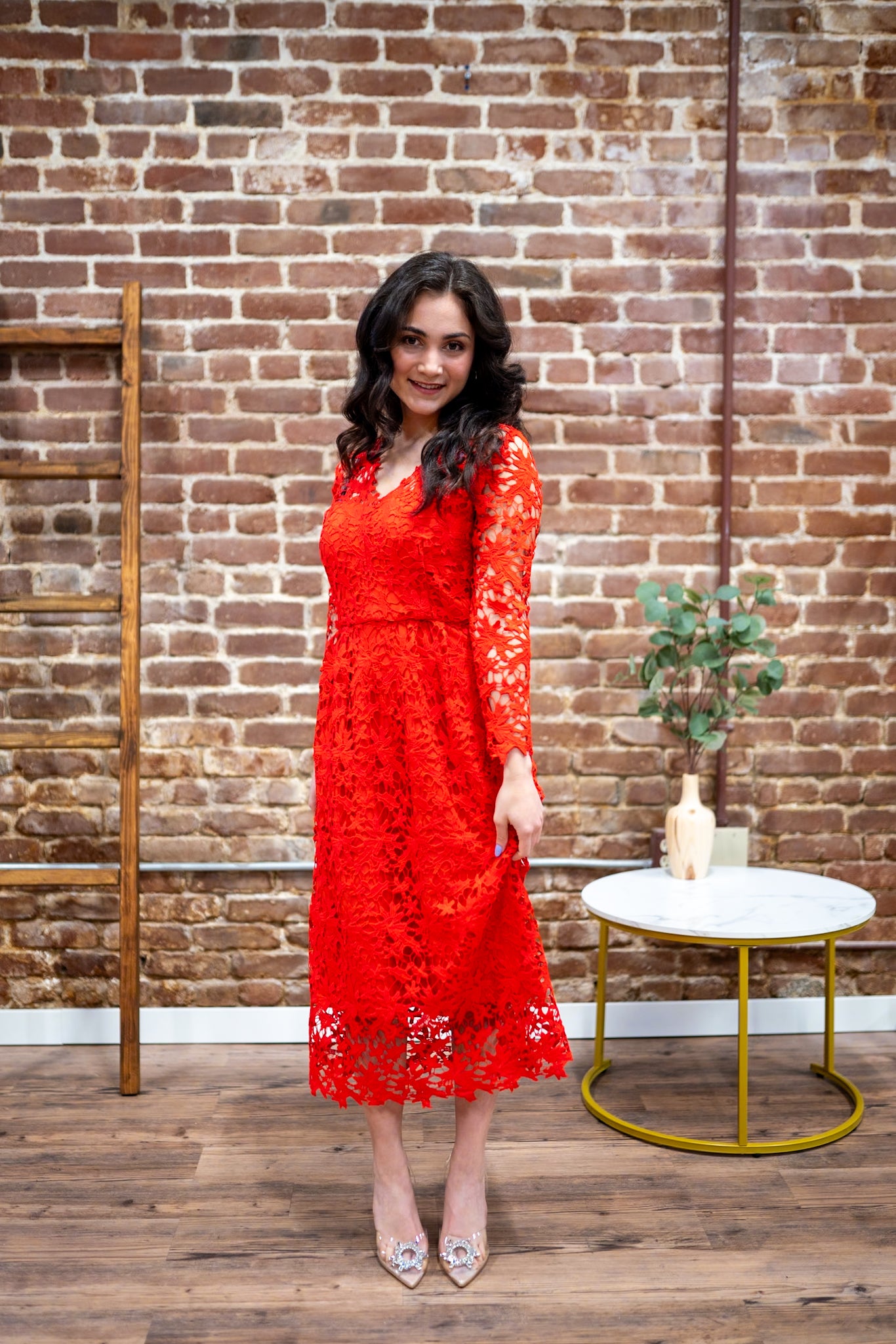 Red orders lace midi dress