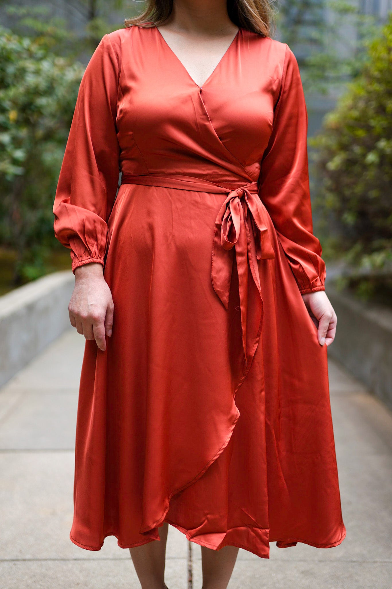 Falling Rust for You Midi Wrapped Petite Dress X-Small Falling Rust for You Midi Wrapped Petite Dress X-Small