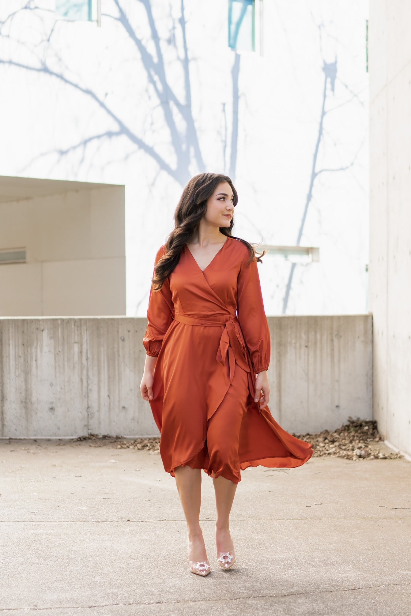 Falling Rust for You Midi Wrapped Petite Dress X-Small Falling Rust for You Midi Wrapped Petite Dress X-Small